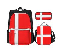 WURTON Denmark Danish Flag Print 3 In 1 Sets Casual Adjustable Shoulder Backpack Lunch Bag Pencil Case Pouch Box, Black, One Size