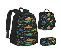 WURTON Dinosaur Palm Leaf Print Backpack Lunch Box Set, 3-in-1 Backpack and Pouch Bundle Matching Combo, Black, One Size, Black, One Size