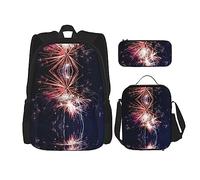 WURTON Explosion Firework Print 3 In 1 Sets Casual Adjustable Shoulder Backpack Lunch Bag Pencil Case Pouch Box, Black, One Size