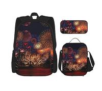 WURTON Fireworks Print 3 In 1 Sets Casual Adjustable Shoulder Backpack Lunch Bag Pencil Case Pouch Box, Black, One Size