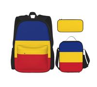 WURTON Flag Of Romania Print 3 In 1 Sets Casual Adjustable Shoulder Backpack Lunch Bag Pencil Case Pouch Box, Black, One Size
