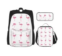 WURTON Flamingos On White Print 3 In 1 Sets Casual Adjustable Shoulder Backpack Lunch Bag Pencil Case Pouch Box, Black, One Size
