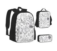 WURTON Flowering Herbs and Herbaceous Plants Print Backpack Lunch Box Set, 3 in 1 Bookbag and Pouch Bundle Matching Combo, Black, One Size, Black, One Size