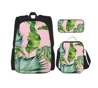 WURTON Fresh Banana Leaves Print 3 In 1 Sets Casual Adjustable Shoulder Backpack Lunch Bag Pencil Case Pouch Box, Black, One Size