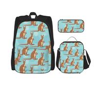 WURTON Funny For Kangaroo Zoo Print 3 In 1 Sets Casual Adjustable Shoulder Backpack Lunch Bag Pencil Case Pouch Box, Black, One Size