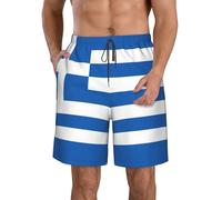 WURTON Greek Flag Print Mens Swim Trunks Quick Dry Bathing Suits Summer Holiday Beach Board Shorts Pockets, White, Medium