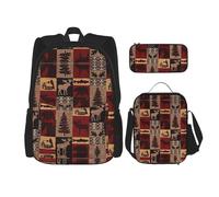 WURTON Lodge Bear Deer Fish Print 3 In 1 Sets Casual Adjustable Shoulder Backpack Lunch Bag Pencil Case Pouch Box, Black, One Size