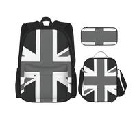 WURTON National Flag Of The United Kingdom Print Shoulder Backpack 3 In 1 Bookbag Set Lunch Box Pencil Case Travel Laptop Daypacks, Black, One Size