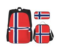 WURTON Norwegian Flag Print 3 In 1 Sets Casual Adjustable Shoulder Backpack Lunch Bag Pencil Case Pouch Box, Black, One Size