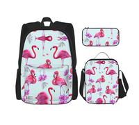 WURTON Pink Flamingos Print Shoulder Backpack 3 In 1 Bookbag Set Lunch Box Pencil Case Travel Laptop Daypacks