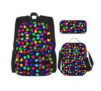WURTON Rainbow Hearts Print Shoulder Backpack 3 In 1 Bookbag Set Lunch Box Pencil Case Travel Laptop Daypacks, Black, One Size, Black, One Size