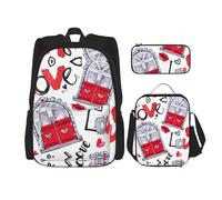WURTON Red Heart Lips And Love Print Adjustable Shoulder Straps Backpack Set Lunch Bag Pencil Case Combination Bags Set