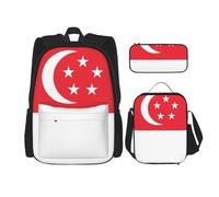 WURTON Singapore Flag Print Shoulder Backpack 3 In 1 Bookbag Set Lunch Box Pencil Case Travel Laptop Daypacks, Black, One Size