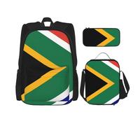 WURTON South African Flag Print Shoulder Backpack 3 In 1 Bookbag Set Lunch Box Pencil Case Travel Laptop Daypacks, Black, One Size, Black, One Size