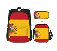 WURTON Spanish Flag Print 3 In 1 Sets Casual Adjustable Shoulder Backpack Lunch Bag Pencil Case Pouch Box, Black, One Size