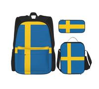 WURTON Swedish Flag Print 3 In 1 Sets Casual Adjustable Shoulder Backpack Lunch Bag Pencil Case Pouch Box, Black, One Size