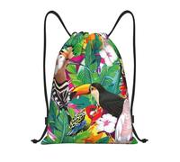 WURTON Tropical Birds And Plant Leaf Print Lightweight Drawstring Bags Waterproof Gym Sack For Men, Women Draw String, Black, S