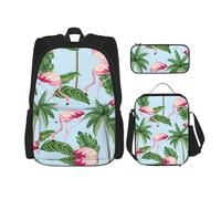WURTON Tropical Flamingos Print School Backpack 3 In 1 Bookbag Set With Lunch Box Pencil Case Travel Laptop Daypacks