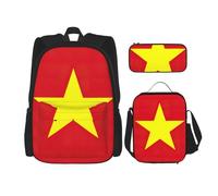 WURTON Vietnamese Flag Print 3 In 1 Sets Casual Adjustable Shoulder Backpack Lunch Bag Pencil Case Pouch Box, Black, One Size