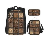 WURTON Wild Zoo Print 3 In 1 Sets Casual Adjustable Shoulder Backpack Lunch Bag Pencil Case Pouch Box, Black, One Size