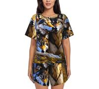 WURTON Wolfs Wolfs Short Sleeve Pajama Sets For Women Casual Crew Neck 2 Piece Lounge Sets, Black, L