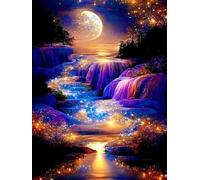WUSARPLY Moonlight Waterfall Stamped Cross Stitch Kits - Nature Landscape Starry Scenery Needlepoint Counted Cross Stitch Kits for Beginners Adults Patterns Dimensions Embroidery Kits Arts and Crafts