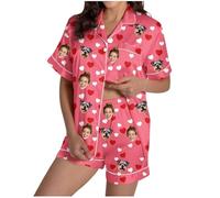 WUSENTOF Personalised Pyjamas for Women with Face Photo,Customised Valentines Pajama Set,Personalised Loungewear,Custom Valentines Outfit,Shorts Button Down Pjs Watermelon Red