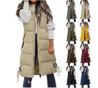 WUSENTOF Women's Puffer Long Gilets Padded Winter Long Sleeveless Jacket Solid Color Full Zip Hooded Gilet Plus Size Outdoor Waterproof Jackets With Pockets Winter Warm Quilted Body Warmer