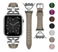 wutwuk Compatible Leather Apple Watch Straps Women 42mm(S11/10) 41mm 40mm 38mm, D-Shape Metal Buckle Leather Wristband for Apple Watch SE3/2/1 Series 11/10/9/8/7/6/5/4/3/2/1 Kaki+Silver