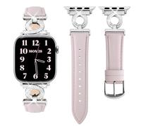 wutwuk Genuine Leather Strap Compatible with Apple Watch Straps 49/46/44/45/42mm, iWatch Strap with Rhinestone Ribbon Buckle for iWatch SE/SE 2, Ultra Series 10 9 8 7 6 5 4 3 2 1, Silver+Light Pink