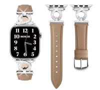 wutwuk Genuine Leather Strap Compatible with Apple Watch Straps Women 49/46/44/45/42mm, iWatch Strap with Rhinestone Ribbon Buckle for iWatch SE/SE 2, Ultra Series 10 9 8 7 6 5 4 3 2 1, Silver+Kaki