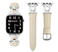 wutwuk Genuine Leather Strap Compatible with Apple Watch Straps Women 49/46/44/45/42mm, iWatch Strap with Rhinestone Ribbon Buckle for iWatch SE/SE 2, Ultra Series 10 9 8 7 6 5 4 3 2 1, Silver+Beige