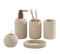 WUUAHOME Bathroom Accessories Set, 5 PCS Sandstone Look Modern Bath Organizer with Soap Dispenser, Toothbrush Holder, Tumbler, Soap Dish, Cotton Swab Holder for Countertop Kitchen Sink (Beige)