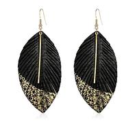 WUWEIJIAJIA Bohemian Handmade Lightweight Color Large Genuine Soft Leather Fringe Feather Leaf Tear Dangle Drop Earrings for Women Girls Statement Jewelry Gifts, Leather, n/p