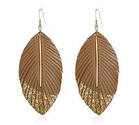 WUWEIJIAJIA Bohemian Handmade Lightweight Color Large Genuine Soft Leather Fringe Feather Leaf Tear Dangle Drop Earrings for Women Girls Statement Jewelry Gifts, Leather, n/p