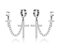 WUWEIJIAJIA Lightweight Unique Black Punk Long Tassel Chain Ear Cuff Earrings 316L Silver Stainless Steel Vintage Cross Crawler Climer Hoop Dangle Drop Earrings for Men Women Unisex, Stainless Steel