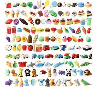 WUWEOT 125 Pack Animal Erasers, Desk Pets Pencil Eraser, 3D Puzzle Food Fruit Pencil Erasers Bulk, Take Apart Eraser Party Favors Classroom School Student Rewards Prizes