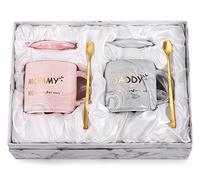 WUWEOT 2 Pack Dad and Mom Coffee Mug Set, 350ML New Mom and First Time Pregnancy Gifts for Baby Shower Mother's Day Father's Day, Marble Ceramic Coffee Cup Set with Gift Box, Lid, Spoon