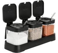 WUWEOT 3 Pack Glass Seasoning Box, 240ml Clear Condiment Jar Spice Container, Spice Jar Sugar Bowl Set with Lid Spoon and Tray for Salt Sugar Spice Pepper
