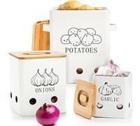 WUWEOT 3 Pack Vegetable Storage Tins, Metal Onion Garlic Potato Jars Set, Kitchen Canisters Vegetable Keeper Containers with Aerating Holes and Wooden Lid