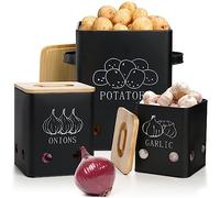 WUWEOT 3 Pack Vegetable Storage Tins, Potato Onion Garlic Storage Canister, Black Metal Vegetable Fresh Keeper Caddy, Kitchen Pantry Organizer Jars with Bamboo Lid and Aerating Holes