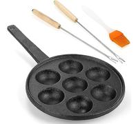 WUWEOT Cast Iron Aebleskiver Pan, 5cm Poffertjes Danish Pancake Balls Griddle, 7 Hole Heavy Duty NonStick Ebelskiver Pan, Half Sphere Takoyaki Maker with Turn Sticks and Brush for Baking Cooking