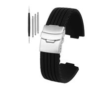 WUWMTUTCK Silicone rubber watch strap 16mm 18mm 20mm 22mm 24mm universal black blue Double safety buckle stripe unisex watchband bracelet(Black-Silver,24mm)