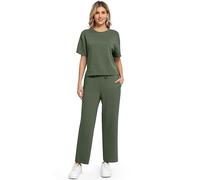 WUWUSKY 2 Piece Sets for Women Casual Tracksuit Womens Full Set Summer Short Sleeve Lounge Wear Sets for Women Round Neck Ladies Tops and Gym Activewear Bottoms with Pockets,Army Green，XL