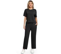 WUWUSKY 2 Piece Sets for Women Casual Tracksuit Womens Full Set Summer Short Sleeve Lounge Wear Sets for Women Round Neck Ladies Tops and Gym Activewear Bottoms with Pockets,Black，L