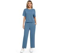 WUWUSKY 2 Piece Sets for Women Casual Tracksuit Womens Full Set Summer Short Sleeve Lounge Wear Sets for Women V Neck Ladies Tops and Gym Activewear Bottoms with Pockets