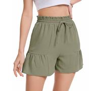 WUWUSKY Summer Shorts for Women Elastic High Waisted Wide Leg Drawstring Shorts with Pockets,Army Green,L
