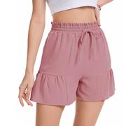 WUWUSKY Summer Shorts for Women Elastic High Waisted Wide Leg Drawstring Shorts with Pockets,Brick Red,L