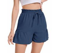 WUWUSKY Summer Shorts for Women Elastic High Waisted Wide Leg Drawstring Shorts with Pockets,Dark Blue,XXL