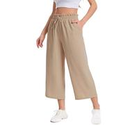 WUWUSKY Womens Capri Pants Wide Leg Trousers Elasticated High Waisted Summer Pants with Pocket,Khaki,L